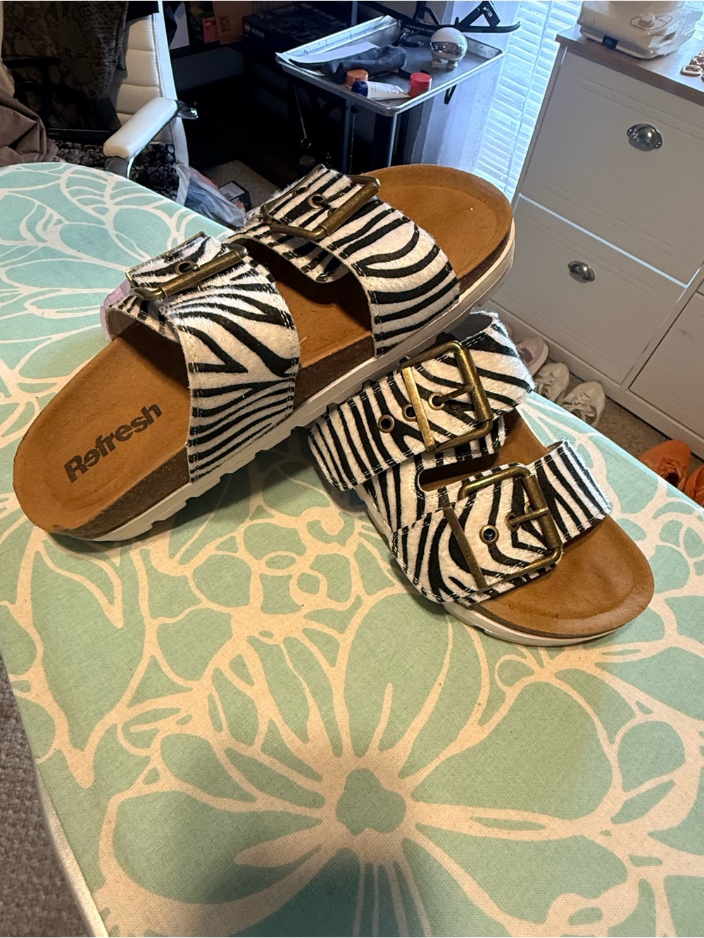 Refresh Zebra-Print Double Buckle Slide Sandals — Black & White